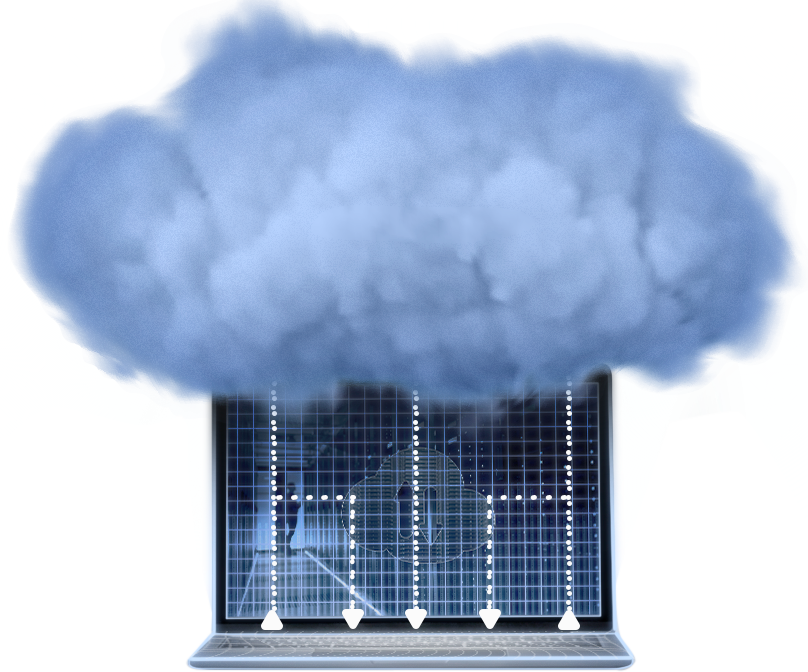 Notebook sobreposto por uma nuvem com linhas e setas representando a transferência de dados que Cloud pode oferecer
