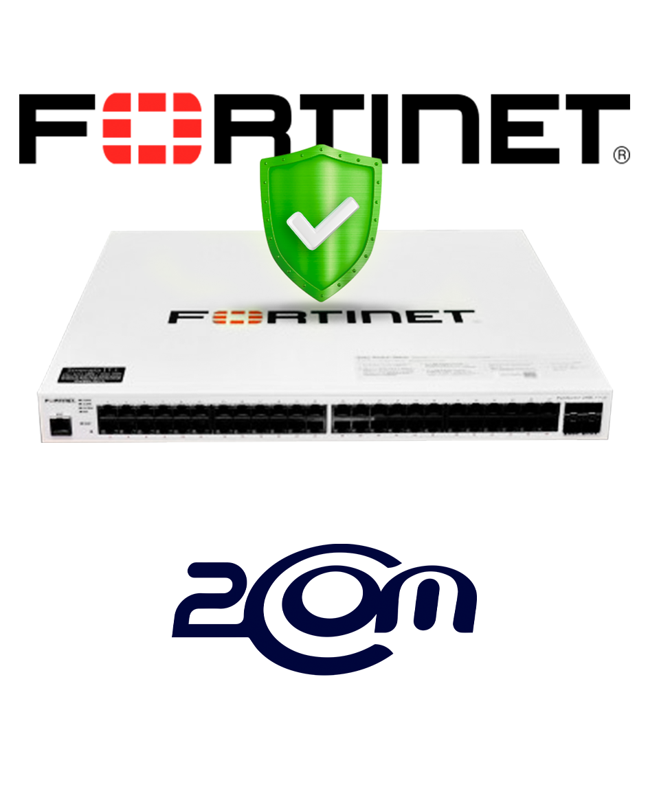 Appliance de firewall da Fortinet, mais logotipos da Fortinet e da 2Com, e ícone de escudo de segurança
