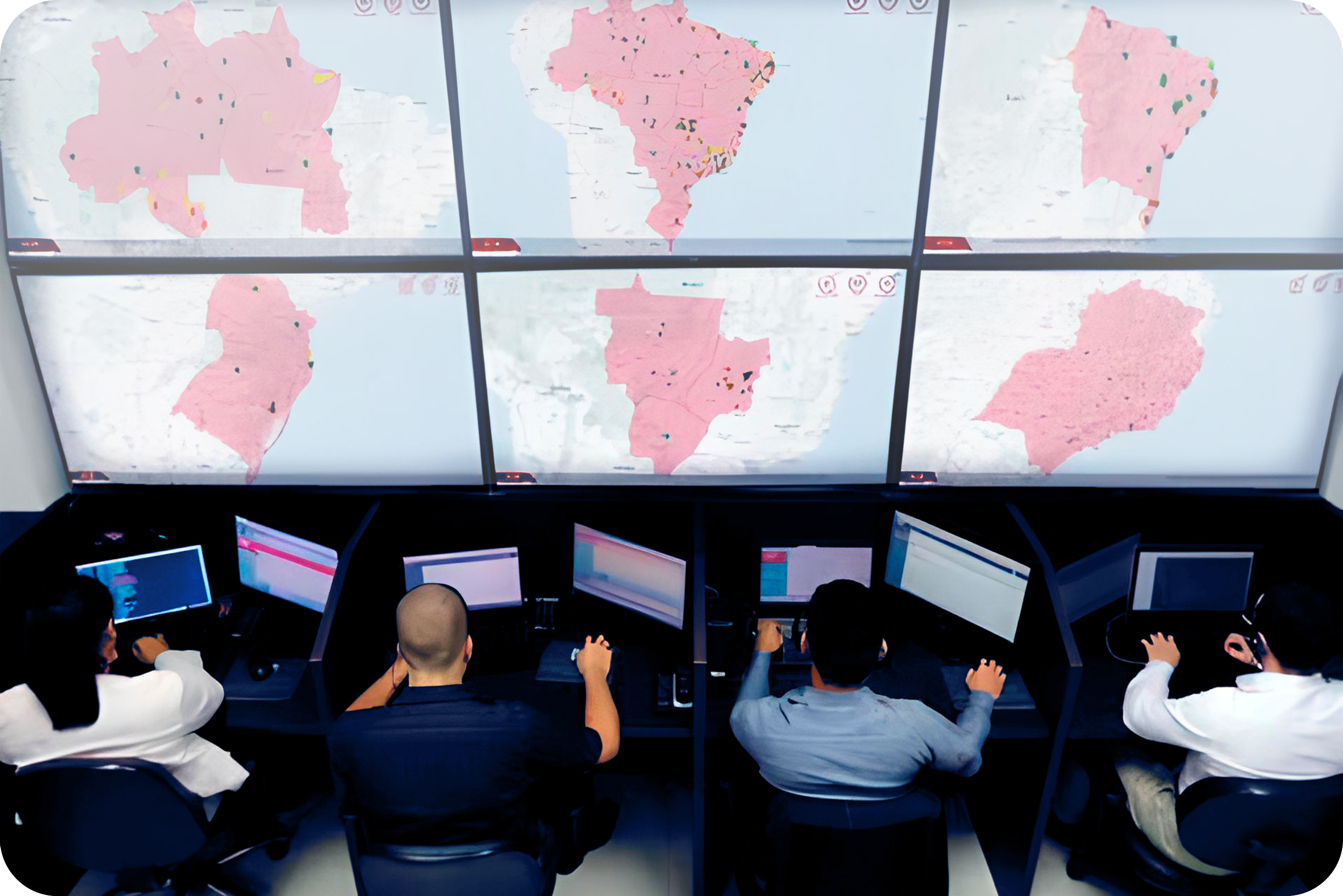 Central de monitoramento de cibersegurança da 2Com Consulting, com 4 pessoas e 13 telas, sendo 6 mostrando as regiões do Brasil e mais 7 que são das máquinas usadas pelo operadores