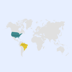Mapa mundial com destaque no Brasil e EUA.