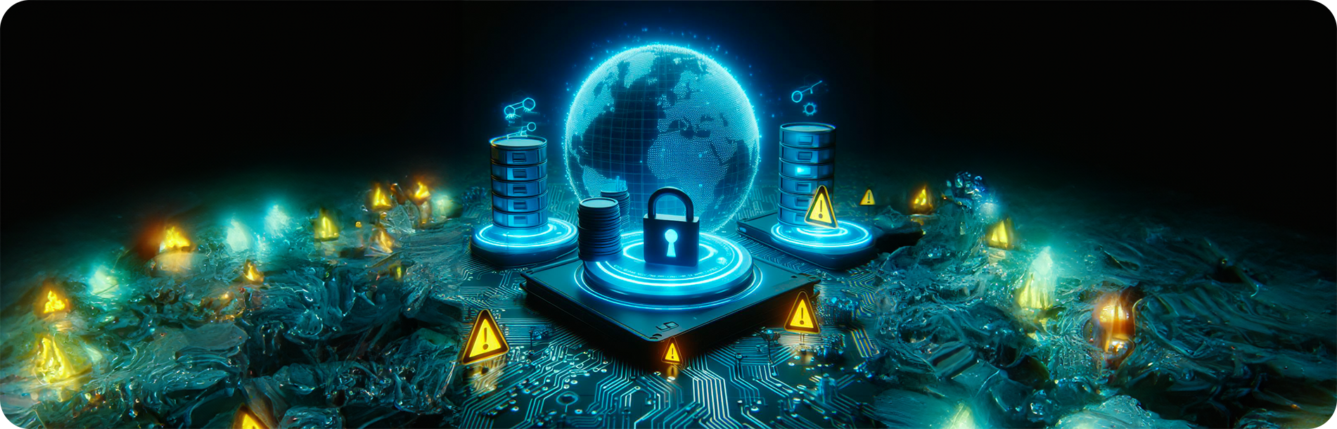Imagem de servidores e globo, com elementos de segurança e alertas através do símbolo de alerta. com coloração escura e azul.