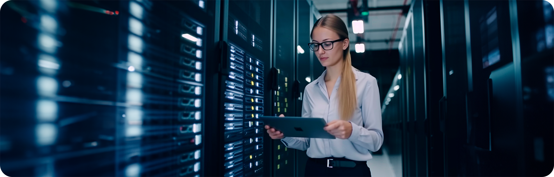 Fotografia de um servidor de banco de dados com uma mulher loira em destaque segurando um tablet