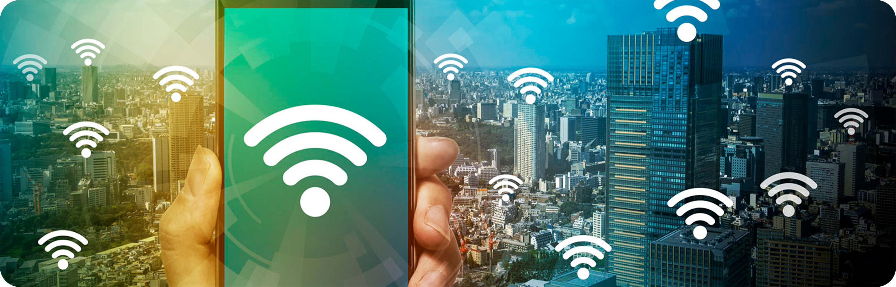 Fotografia de celular, com ícone de Wi-Fi, em frente a prédios corporativos com ícones de Wi-Fi flutuantes